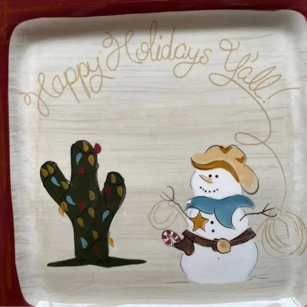 • Sonoma Happy Trails Holiday Western Cowboy Snowman Square Dinner Plate 11x11